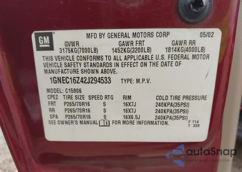 2002 Chevrolet Suburban 1500 Lt from USA, damaged, VIN 1GNEC16Z42J294533